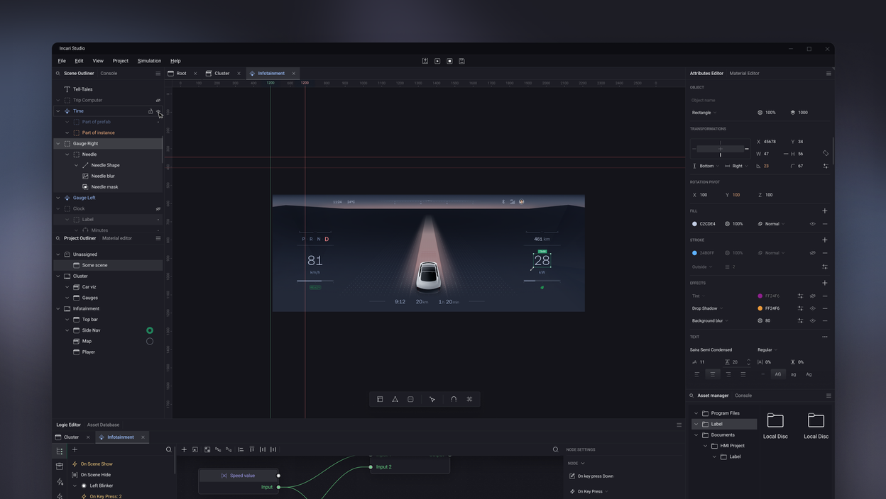 Incari Studio with a 2D instrument cluster scene on the canvas — scene outliner on the left, attributes editor on the right, logic editor across the bottom