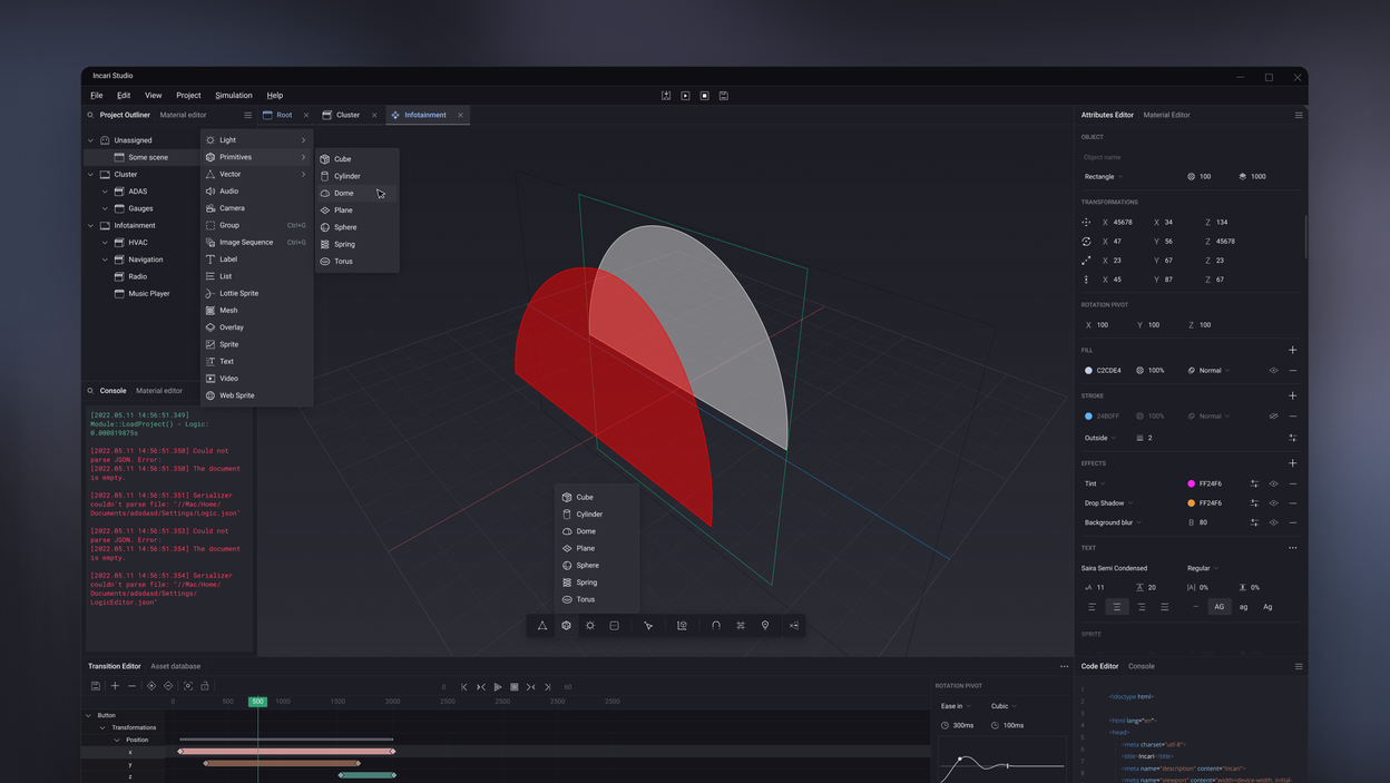 A 3D scene in the viewport with the object creation menu open, listing primitives — cube, cylinder, dome, plane, sphere, spring and torus