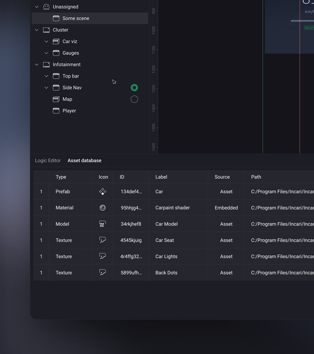 The asset database table listing prefabs, materials, models and textures with type, ID, label, source and file path columns