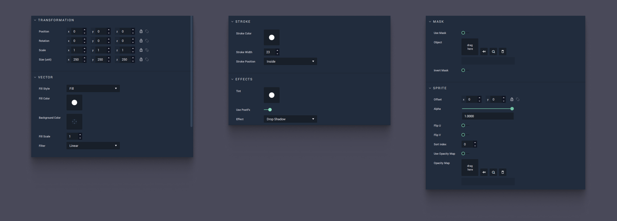 Three versions of the Attributes Editor side by side — one showing transformation and vector rows, one stroke and effects, one mask and sprite — each a stack of labelled rows with value fields, colour swatches and dropdowns