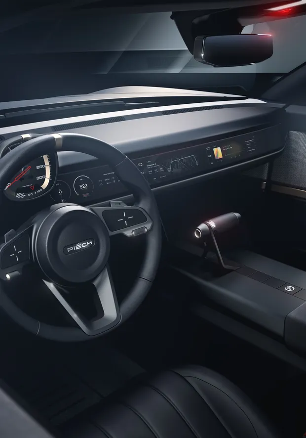 The instrument cluster and dashboard from a low angle
