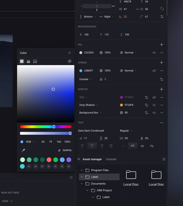 The colour picker open over the attributes editor, with a saturation field, hue and opacity sliders, RGB values, a hex field and a row of saved swatches