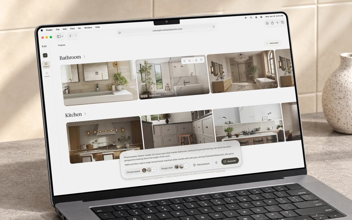 EM Concepts on a MacBook Pro, showing galleries of bathroom and kitchen concepts and controls for choosing a space, style and products