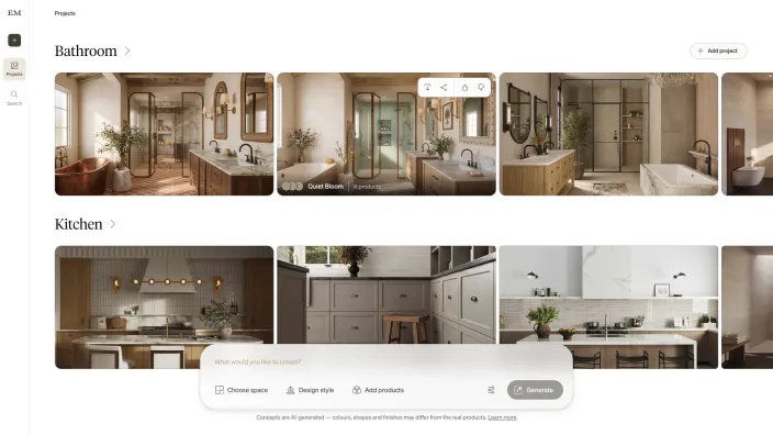 EM Concepts project gallery with bathroom and kitchen concepts and a hovered concept card