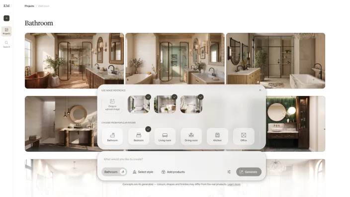 Bathroom concepts with the space selector open above the composer