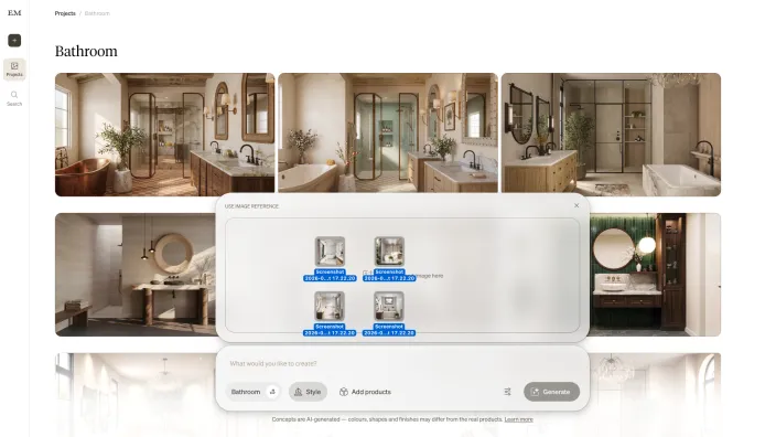 Bathroom concepts with reference-image choices open above the composer