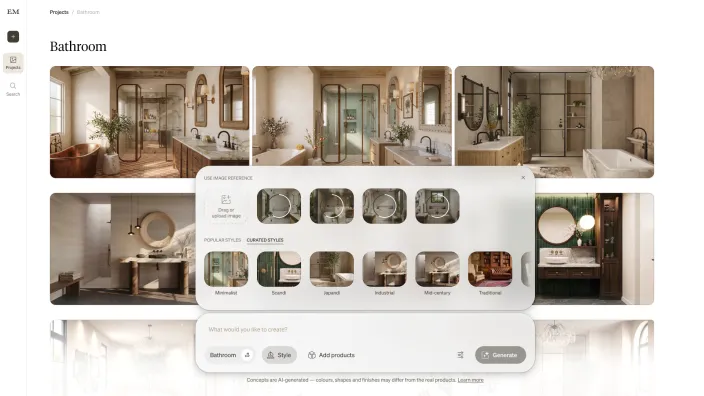 Bathroom concepts with the design-style selector showing room thumbnails