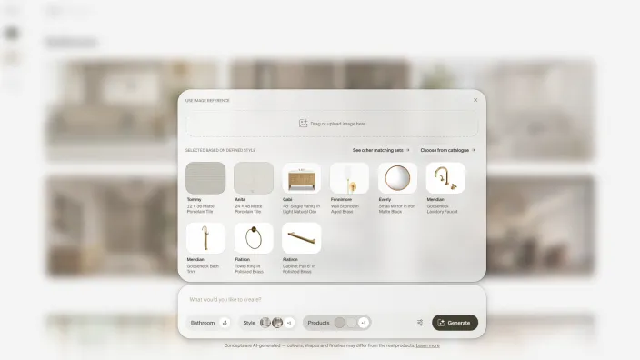Product picker with tile, vanity, lighting and accessory options above the composer
