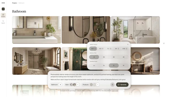 Generation settings popover above the bathroom concept composer