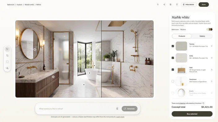 Refine workspace with a marble bathroom image and its product list and purchase total