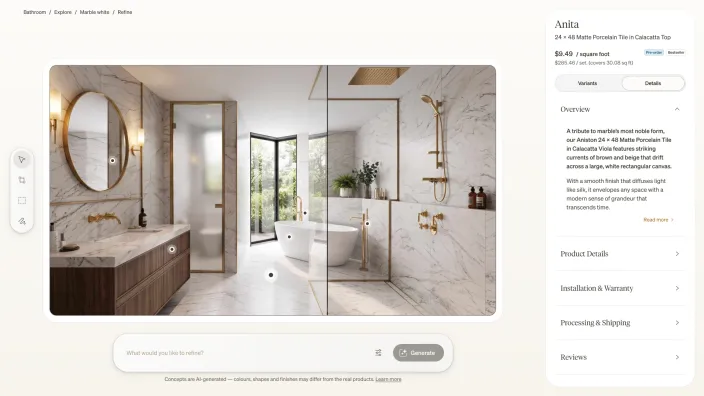 Refine workspace with Anita tile details open beside the bathroom concept