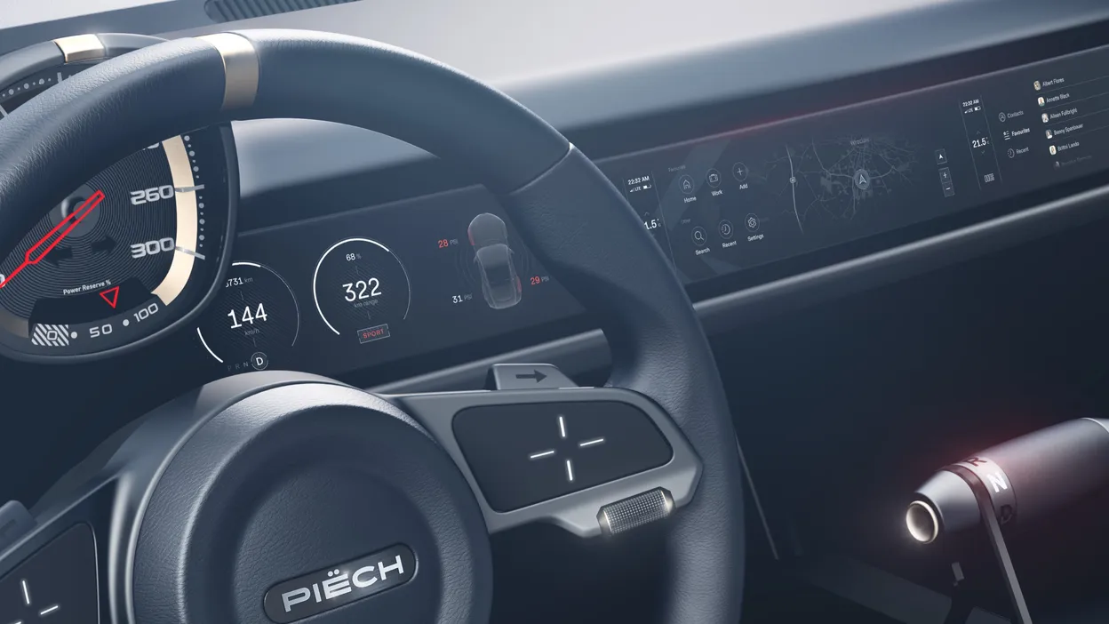 The Piëch Mark Zero cockpit — instrument cluster and infotainment screens running the HMI