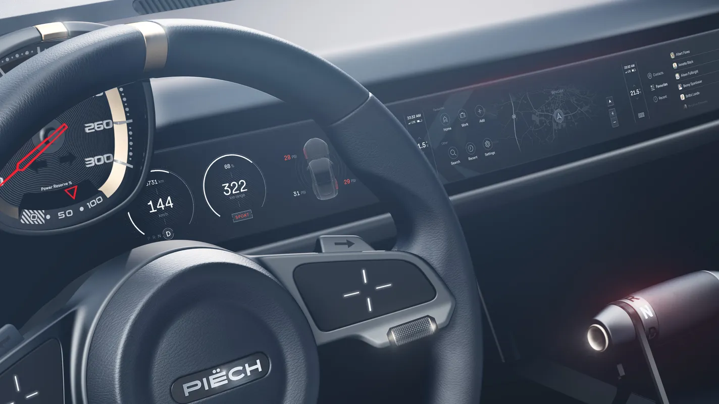 The Piëch Mark Zero cockpit — instrument cluster and infotainment screens running the HMI