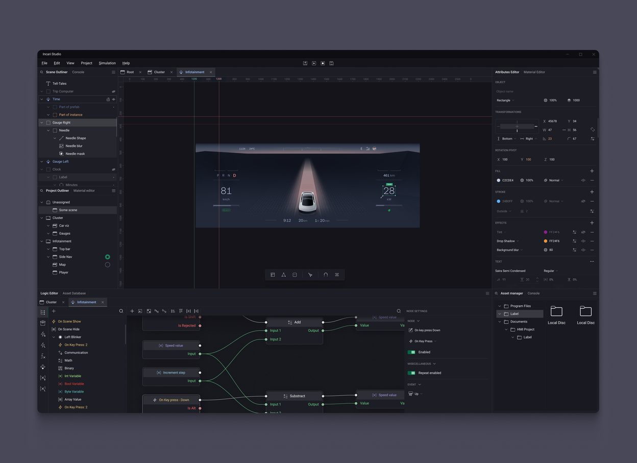 Incari Studio — the redesigned interface with a scene open in the viewport, the scene outliner on the left, attributes on the right and the node logic editor across the bottom