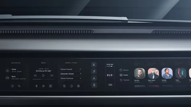 Infotainment screen with navigation shortcuts, media, phone contacts and album art