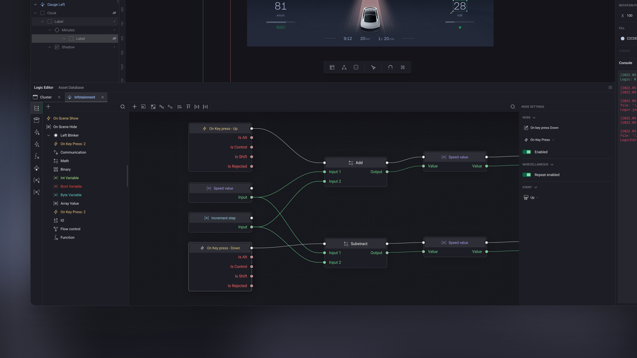 The node logic editor wiring key-press events through add and subtract maths nodes into a speed value, with node settings on the right