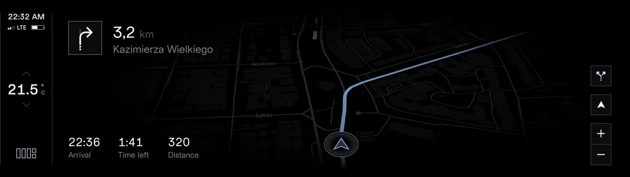 The navigation screen — bespoke Mapbox theme, turn instruction, route drawn in interactive blue