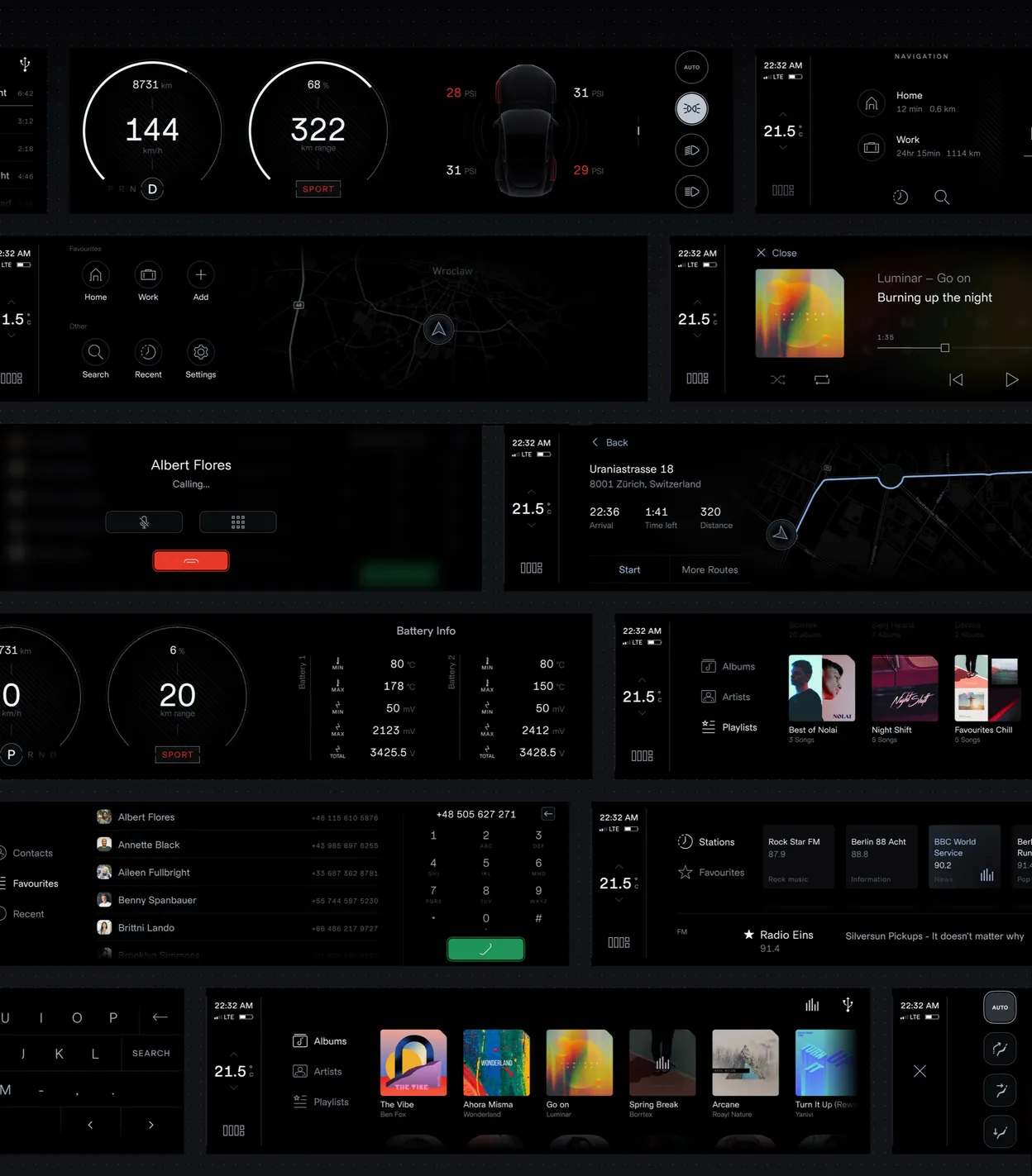 The full inventory of designed screens and states — cluster, navigation, media, phone, battery, radio, keyboard