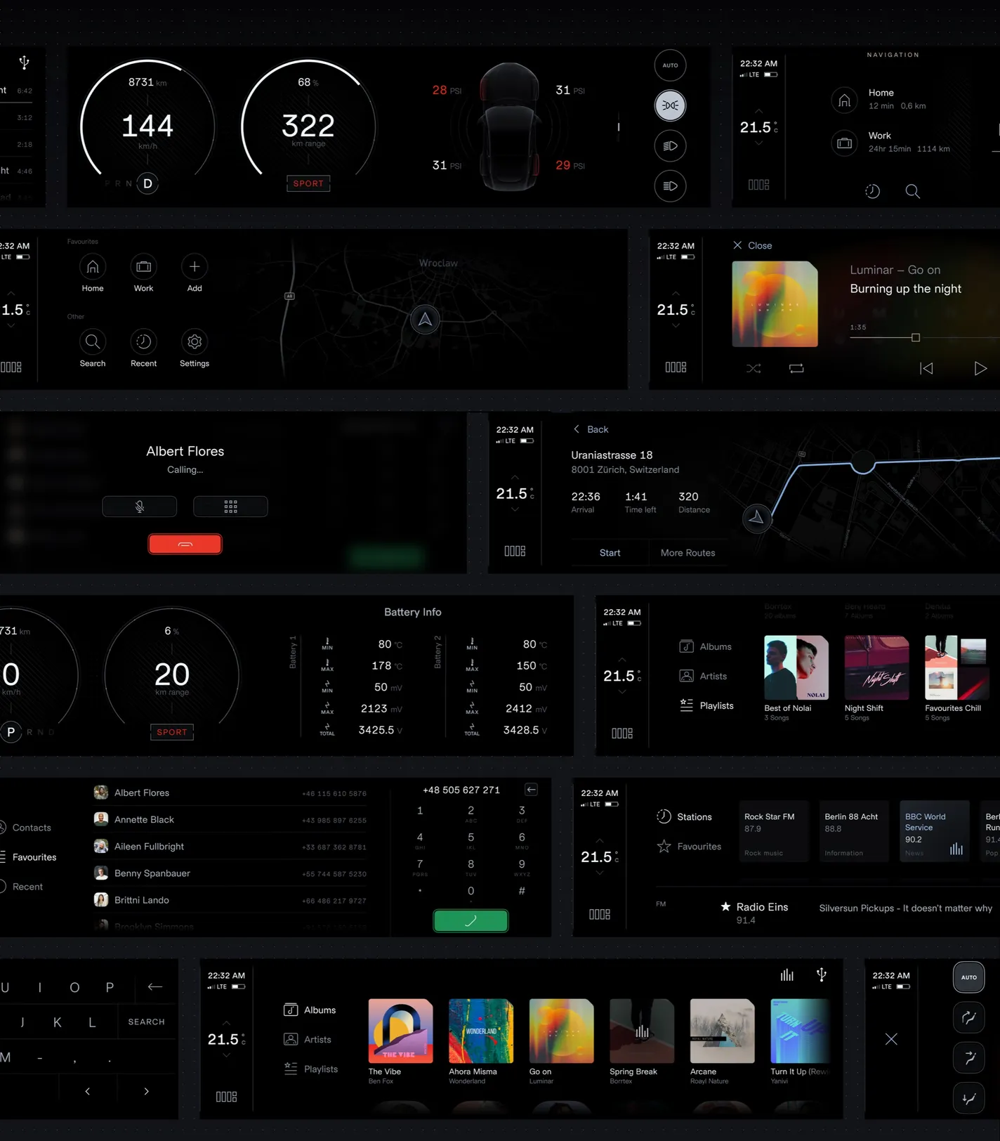 The full inventory of designed screens and states — cluster, navigation, media, phone, battery, radio, keyboard