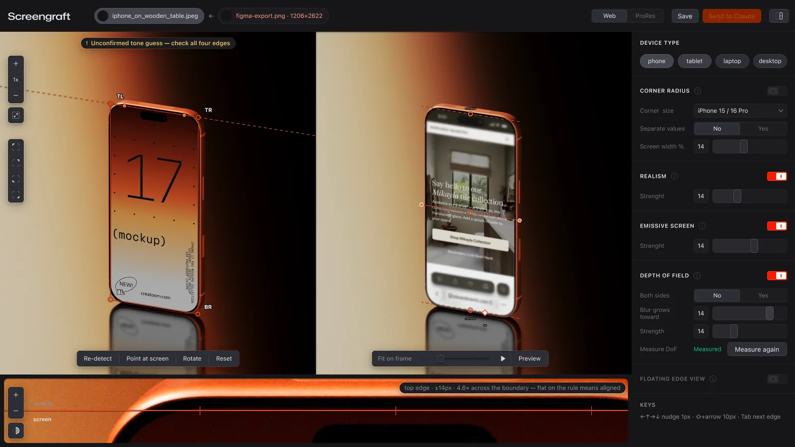 Screengraft workspace showing a photographed iPhone beside the fitted website preview, with screen geometry and realism controls