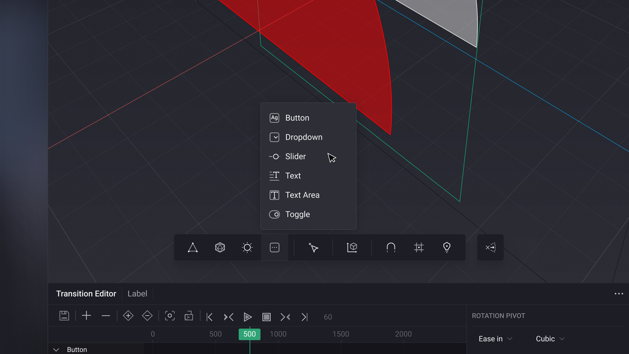 Close-up of the viewport toolbar with the UI element menu open, offering button, dropdown, slider, text, text area and toggle