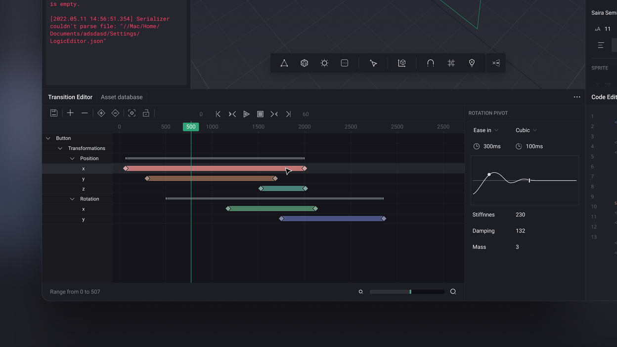 The transition editor timeline with position and rotation keyframe tracks, an easing curve, and stiffness, damping and mass values